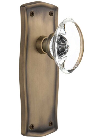 Prairie Door Set with Oval Crystal Glass Knobs - No Keyhole in Antique Brass .